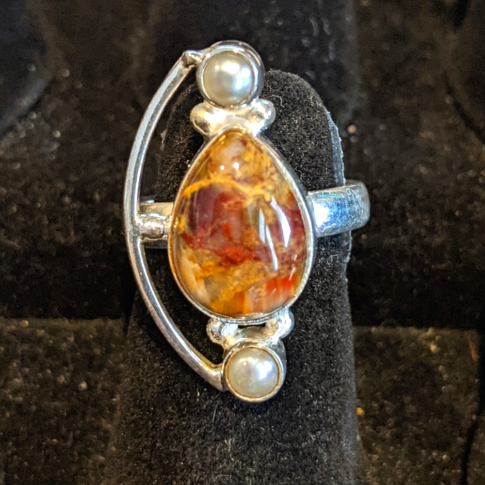 Pietersite & Pearl .925 Silver Ring, size 8